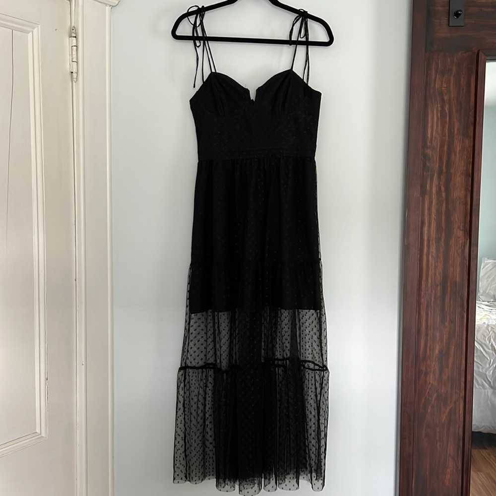 Lulus black polka dot mesh tiered midi dress, size small